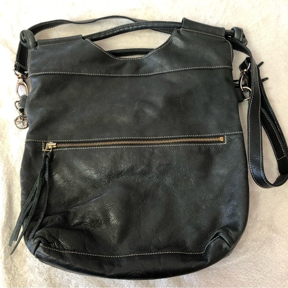 Genuine Roots Black Leather Bucket Crossbody Shoulder Bag Purse - Picture 2 of 16